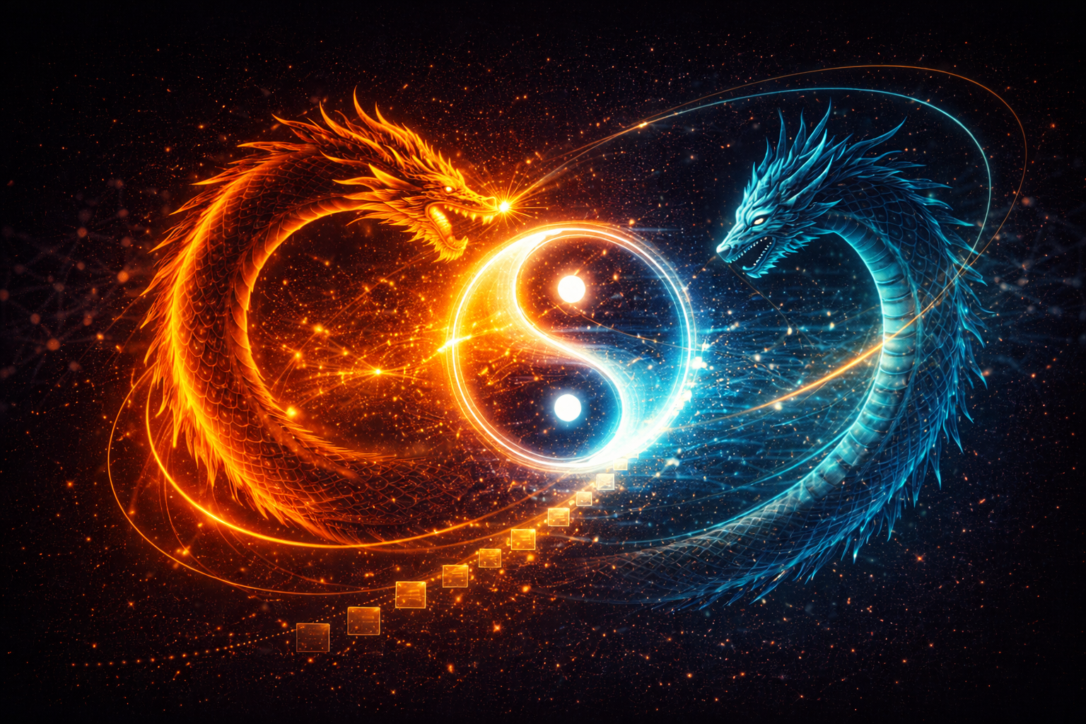 Solace City — orange and blue dragons around a yinyang of capability